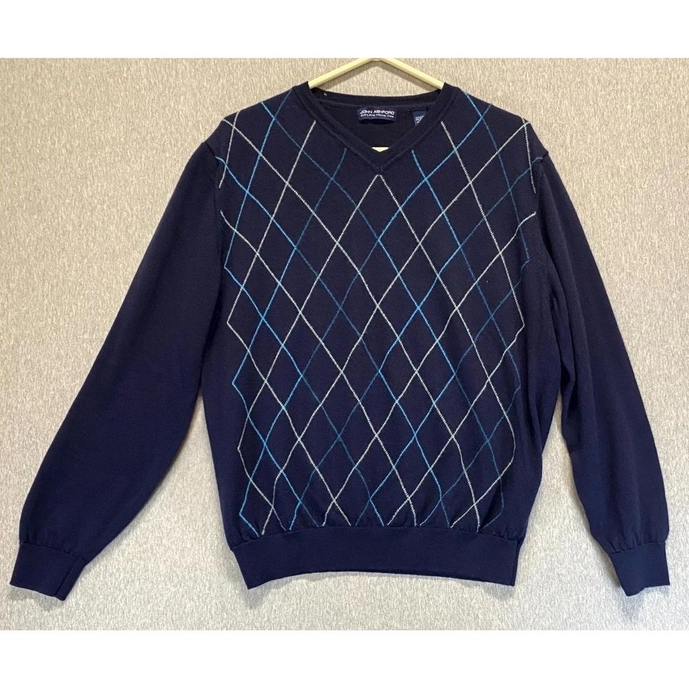 John Ashford Extra Fine Sweater Mens XL Blue Argyle Print Merino Wool V Neck